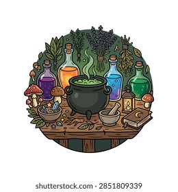 A witchs table with a bubbling cauldron, potion bottles, herbs, mushrooms, and a spell book