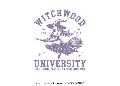 Witchwood University, Vintage Halloween Witch T shirt design	
