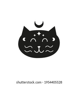 Witchy black cat character with moon, leafy branches, stars isolated on white background. Celestial moon kitty. Magic domestic animal. Mystic illustration. Modern bohemian t shirt print, poster, card.