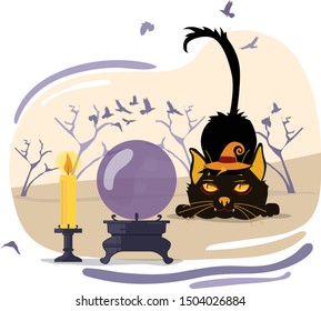 witchy cat candle magic lamp flat illustration