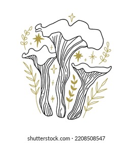 Witchy chanterelle celestial mushroom, goblincore, witchcore, fairycore style aesthetic, magical potion ingredients. Cartoon doodle style, woodland forest symbols. Vector and jpg printable image