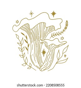 Witchy chanterelle celestial mushroom, goblincore, witchcore, fairycore style aesthetic, magical potion ingredients. Cartoon doodle style, woodland forest symbols. Vector and jpg printable image