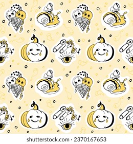 Witchy cute patterns in doodle style. Vintage vector seamless illustration with magical talismans.