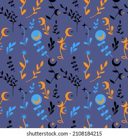 Witchy dark background of a night meadow. Seamless floral pattern with moons and stars. 