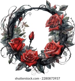 Witchy Dark Gothic Crescent Red Roses Wreath Dark Fantasy Gardening Watercolor Clipart