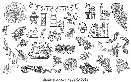 Witchy design set with cozy mystical boho objects, witchcraft symbols and floral elements. Hand drawn doodle illustrations isolated on white. Wiccan items for magic rituals. 