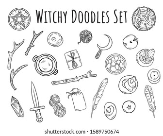 Witchy doodles set. Collection of wiccan witchcraft magical items for occult rituals. Hand drawn pagan elements collection. Occult altar symbols