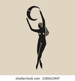 Witchy Druid Woman, The Moon Tarot Symbol. Moonchild Goddess Sacred Girl Dancing With Crescent Phase. Hand Drawn Vector Illustration.