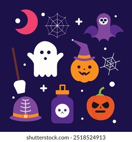 Witchy Halloween postcard design with retro bats and magic