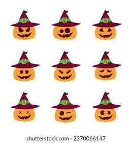 Witchy Halloween Pumpkins Flat Vector: Hat-topped Delights for Spooky Season