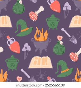 Witchy Halloween seamless pattern with hand drawn related elements. Cauldron, witch hat, poison, fungus, book . Cute print design for Halloween on dark background. Good for kids textile, wrapping