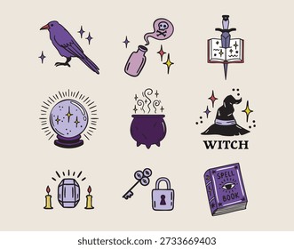 Witchy Halloween set with crystals, locks and eyes, spellbook and poison, cauldron and magic ball, hat, raven, boho colors hand drawn. Vector illustration