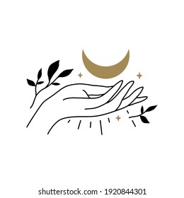 Witchy Hands With Moon And Stars  Line Art Illustration. Celestial Hand Illustration. Vector Celestial Line Art