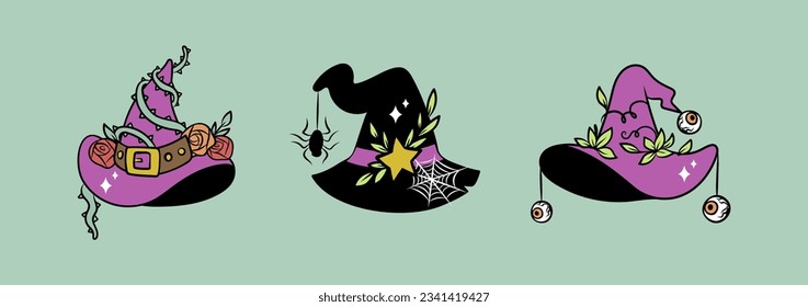 Witchy hat Halloween Set. Cute and creepy illustrations