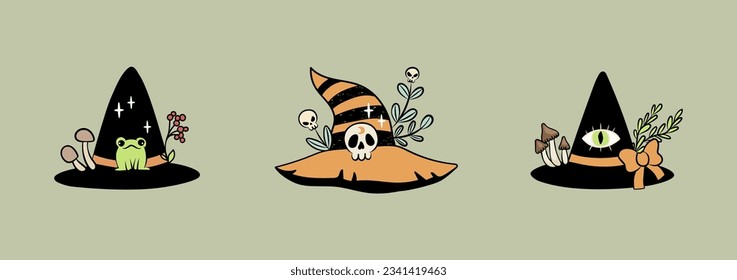 Witchy hat Halloween Set. Cute and creepy illustrations