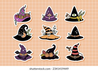 Witchy hat Halloween Stickers. Cute and creepy illustrations