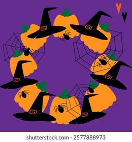 Witchy hats, pumpkins, spiders and cobweb Circular Frame on violet background Copy space Template