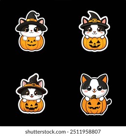 Witchy Kittens, Cute black and white cats with pumpkins, Halloween Theme Design