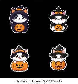 Witchy Kittens, Cute black and white cats with pumpkins, Halloween Theme Design