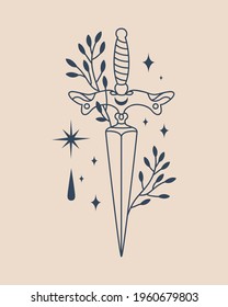 Witchy knife magic illutration with leaves and stars. Celestial line art illustration. Boho knife art. Witchy illustration