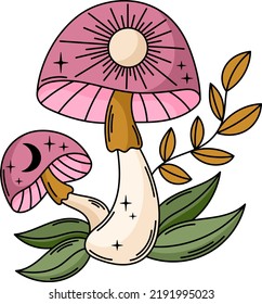 Witchy magic mushrooms vector clipart. Mystical boho celestial mushrooms illustration