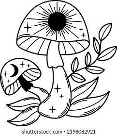 Witchy magic outline mushrooms vector clipart. Mystical boho celestial line art mushrooms illustration