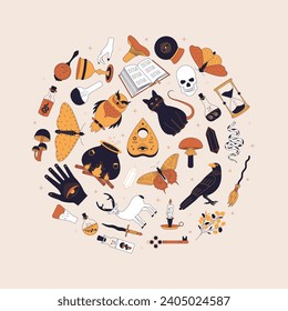 Equipo mágico picante. Fijado con objetos de brujería. Colección de equipo esotérico y mágico de brujería. Ilustración vectorial de elementos míticos.