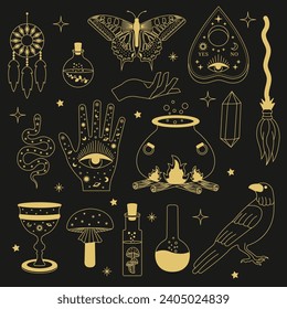 Equipo mágico picante. Conjunto de artículos de brujería. Colección de equipo esotérico y mágico de brujería. Ilustración vectorial de elementos míticos.