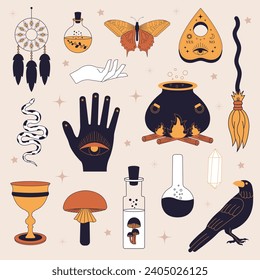 Witchy magic set. Set of witchcraft items. Collection of witchy magic and esoteric equipment. Vector illustration of mythical elements.