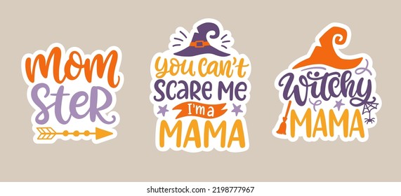 Witchy Mama Modern Calligraphy Phrase Sticker set. Halloween Party inscription. Cute Handwritten Lettering Quote Design for mother tee shirt, Stickers, Greeting card. Vector Halloween printable print