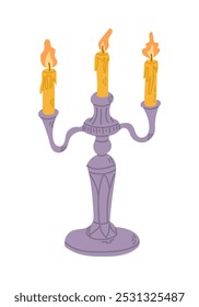 Witchy or mystical hand drawn candlestick with three candles. Cute design for Halloween isolated on white background