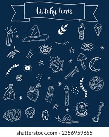 Doodle de objeto de brujería Iconos blancos en un fondo azul de medianoche