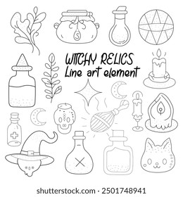 WITCHY RELICS Line art Elements are hand-drawn black and white elements.