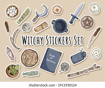 Witchy stickers set. Collection of wiccan witchcraft magical items for occult rituals. Hand drawn pagan doodles elements. Druid altar symbols, cauldron, pentacle, athame, boline, candles