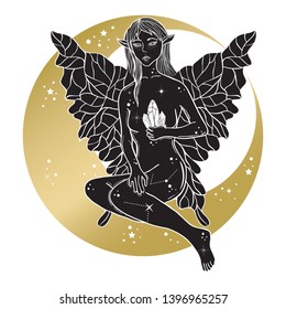 Witchy tattoo artwork with magic elf. Fairytale character in boho style.
