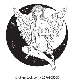 Witchy tattoo artwork with magic elf. Fairytale character in boho style.
