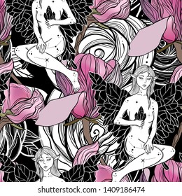 Witchy tattoo artwork with magic elf at floral background. Fairy tale character in boho style.