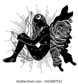 Witchy tattoo artwork with magic elf. Fairytale character in boho style.