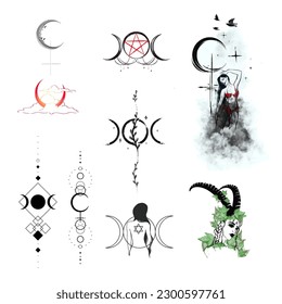 witchy vibes tattoo art set of various symbols as lilith symbol triple moon goddess vector