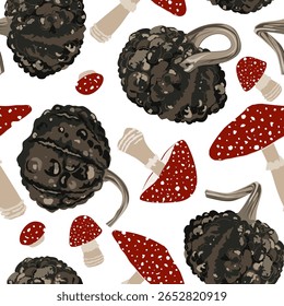 As cabaças verrugas e voam cogumelos agáricos padrão sem emenda. Abóboras e amanita muscaria Halloween background. Ilustração de abaixamentos pretos vetoriais