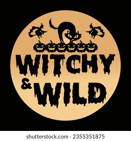 Witchy and Wild Halloween cat t-shirt design.