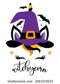 Witchycorn - Beautiful Unicorn head with halloween witch hat, Unicorn Face with bats. Vector illustration for card and shirt design for autumn holidays. Happy Halloween decoration. Trick or treat.