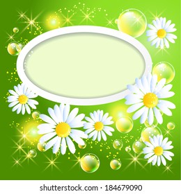 Wite frame with daisy and bubbles on green glowing background