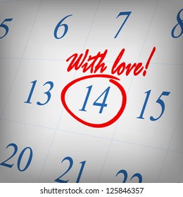 "With love" text written on calendar page. Valentines day greeting card. Vector eps10 illustration