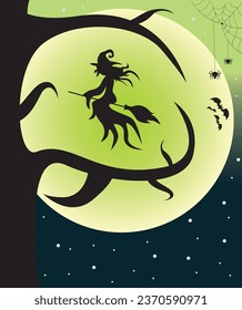 Withc flying above the tree on colorful moon night background. Halloween vector illustration.