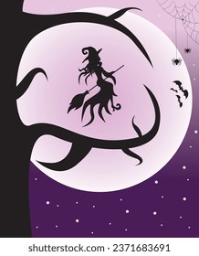 Withc flying above the tree on colorful moon night background. Halloween vector illustration.