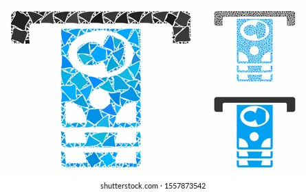 Withdraw banknotes mosaic of humpy elements in various sizes and shades, based on withdraw banknotes icon. Vector joggly items are united into collage.