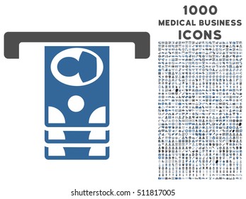 Withdraw Banknotes vector bicolor icon with 1000 medical business icons. Set style is flat pictograms, cobalt and gray colors, white background.