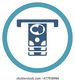Withdraw Banknotes vector bicolor rounded icon. Image style is a flat icon symbol inside a circle, cyan and blue colors, white background.