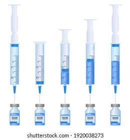 Retirar la medicación para una ampula de vidrio paso a paso. Jeringa desechable con un fármaco. Vacunación, preparación para la inyección, inmunización, concepto de atención de la salud. Ilustración vectorial de material aislada en blanco 